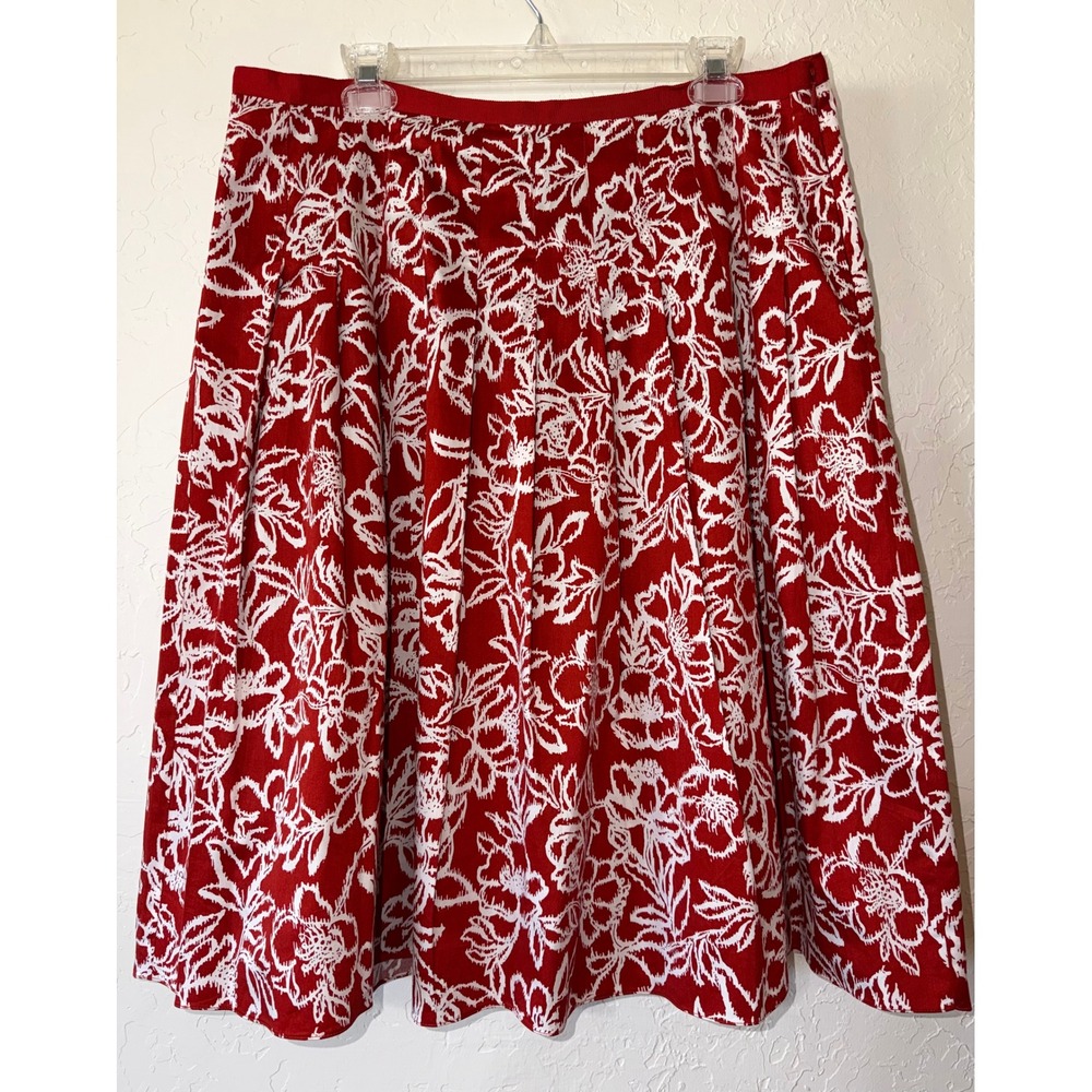 Vtg Liz Claiborne Red White Floral Pleated A-Line Midi Skirt Sz 14 EUC Cottage